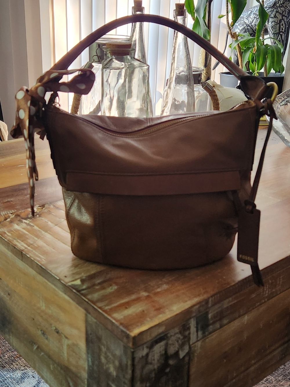 Fossil Brown Leather Hobo Shoulder Bag with Polka Dot Scarf Accent